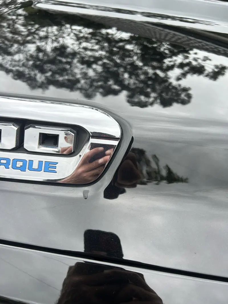 Trees reflected in the black paint beside a RAM 1500 badge
